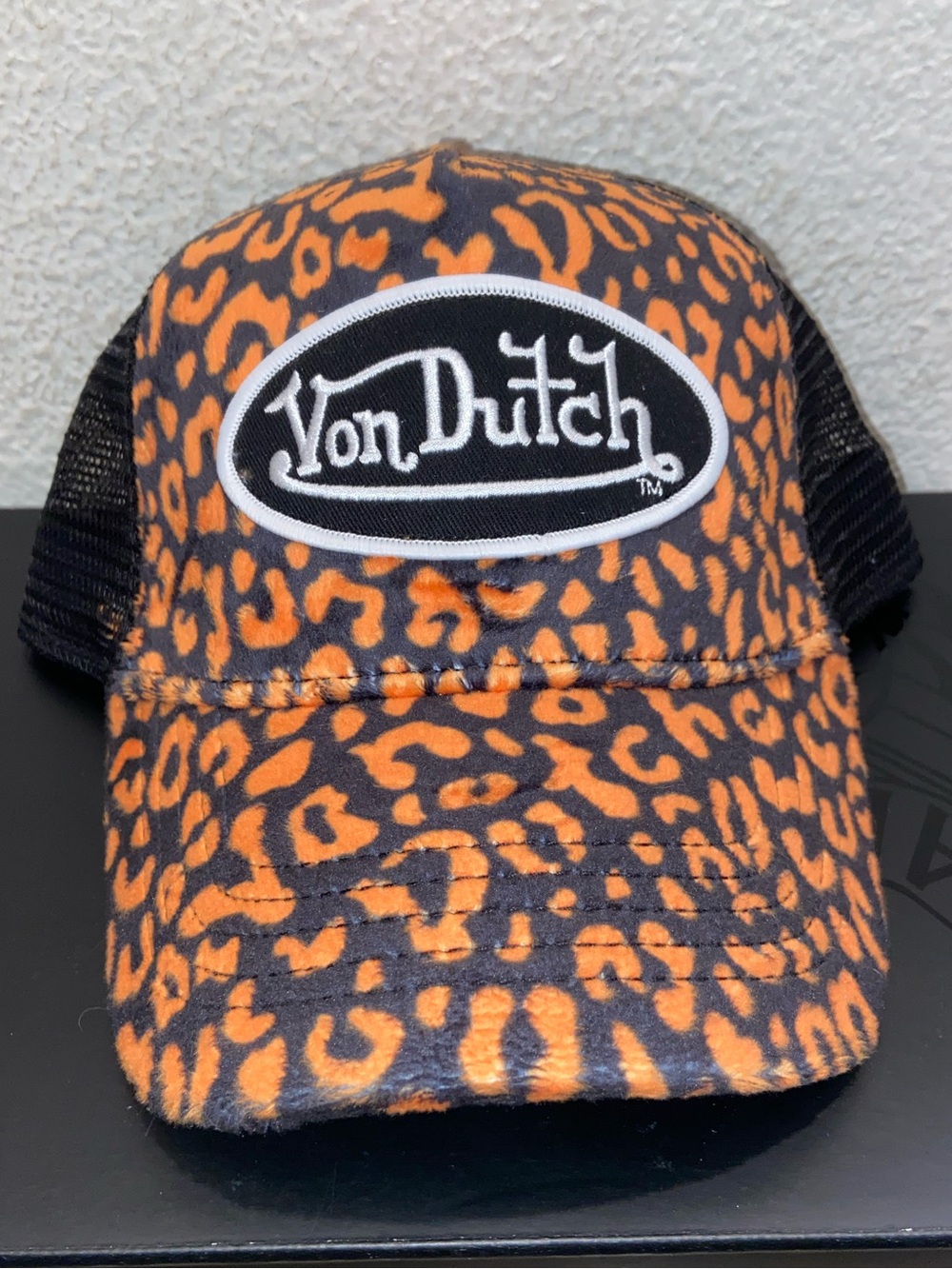 Von Dutch Orange Cheetah Velvet Trucker Hat